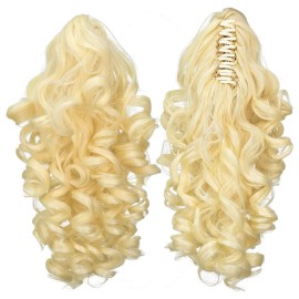 SWACC 12-Inch Short Screw Curls Claw Clip Ponytail Extensions Synthetic Clip in Drawstring Curly Ponytail Hairpiece Jaw Clip Hair Extension (Light Blonde-613)