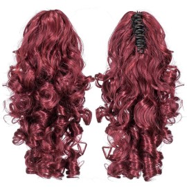 SWACC 12-Inch Short Screw Curls Claw Clip Ponytail Extensions Synthetic Clip in Drawstring Curly Ponytail Hairpiece Jaw Clip Hair Extension (Burgundy Wine Red Mixed)