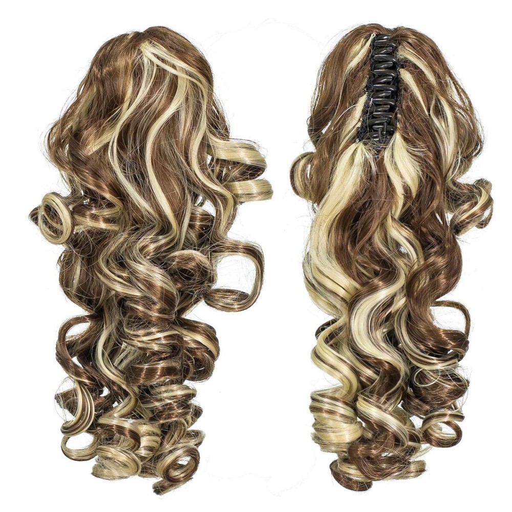 SWACC 12-Inch Short Screw Curls Claw Clip Ponytail Extensions Synthetic Clip in Drawstring Curly Ponytail Hairpiece Jaw Clip Hair Extension (Brown Blonde Highlights-6H613)