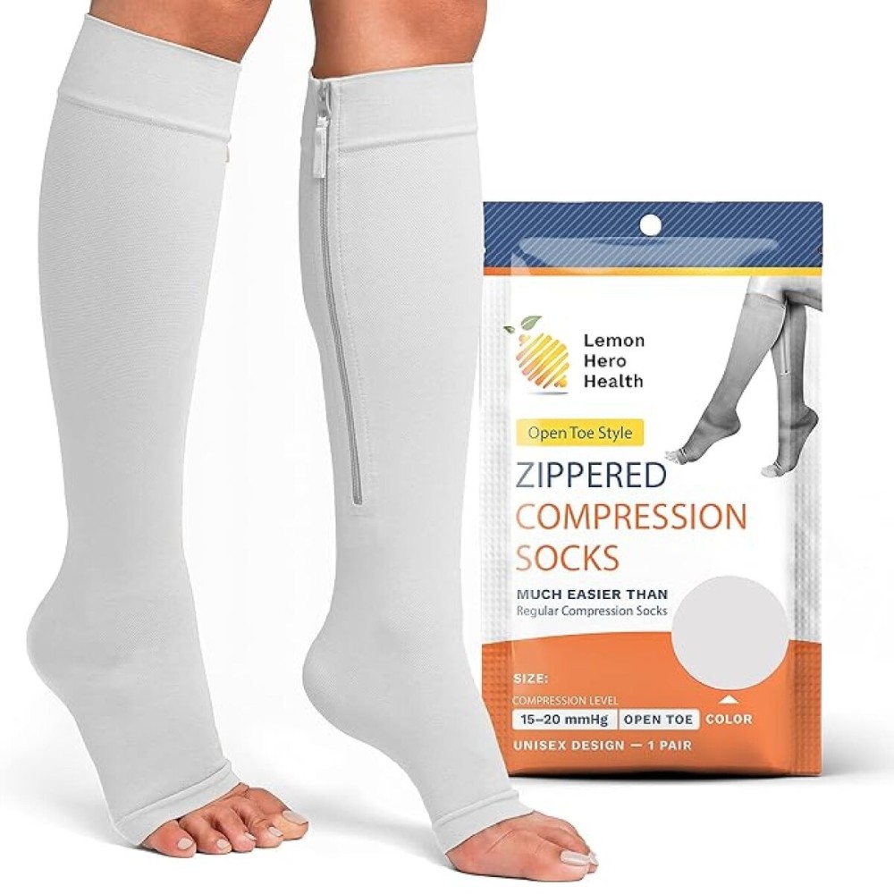 Zipper Compression Socks for Women and Men Open Toe 15-20mmhg Medical Zippered Compression Socks with Zip Guard for Skin Protection (4XL, White)