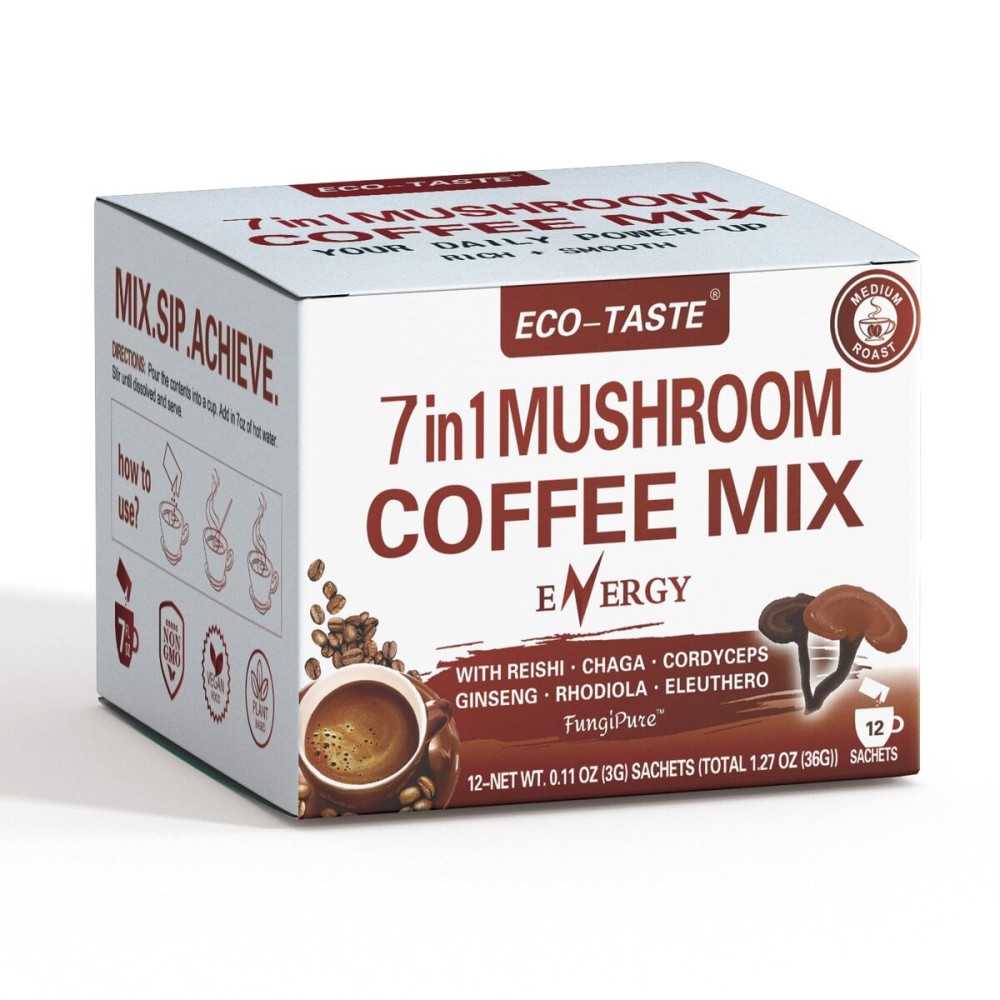 Mushroom Coffee Mix 7 in 1, TCM Designed for Energy with Reishi, Cordyceps, Chaga, Rhodiola, Ginseng, and Eleuthero Mushroom Extracts - 12 Sachets