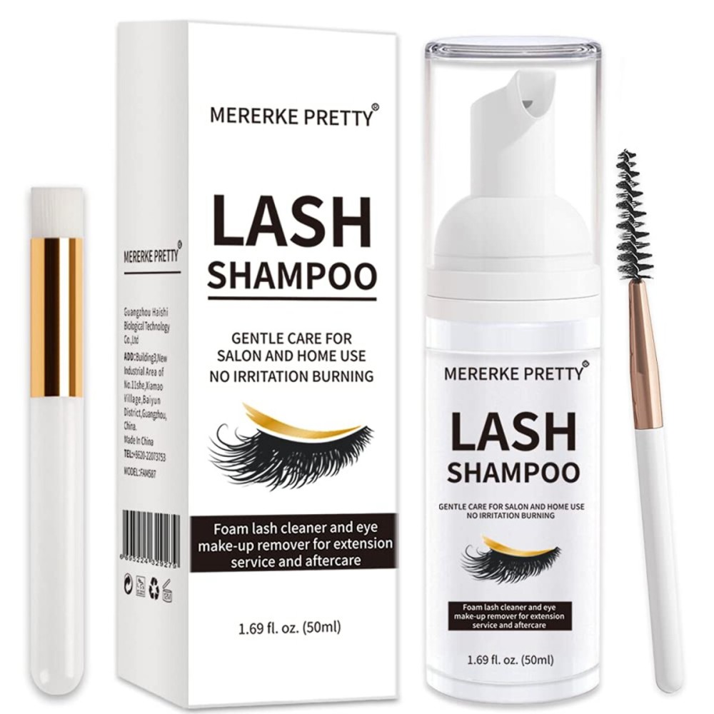 Mererke_Pretty Eyelash Extension Shampoo 50 ml + Brush - Eyelid Foaming Cleanser - Sensitive Paraben & Sulfate Free - Eyelash Wash and Lash Bath for Extensions - Salon Use and Home Care