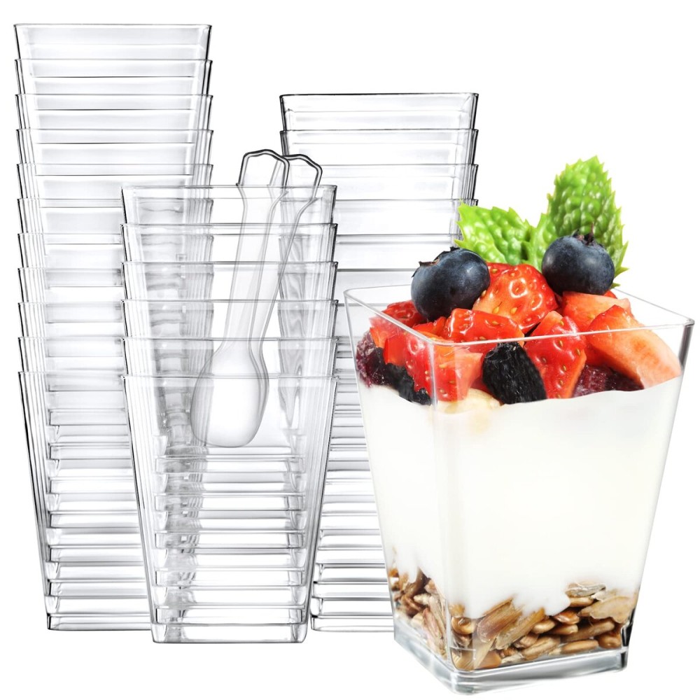 Eupako 100 Pack 5 oz Square Clear Plastic Dessert Cups with Spoons Small Clear Plastic Tumbler Cups Great for Desserts, Appetizers, Puddings, Mousse, Parfait