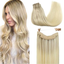 GOO GOO Wire Hair Extensions Human Hair, 17/22/60 Ash Blonde with Golden Blonde and Platinum Blonde Balayage 14inch 75g, Invisible Wire Hair Extensions with Transparent, Seamless Fish Line Hairpiece