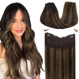 GOO GOO Wire Hair Extensions Human Hair, 2/6/2 Dark Brown with Chestnut Brown Balayage 18inch 95g, Invisible Wire Hair Extensions with Transparent, Seamless Fish Line Hairpiece