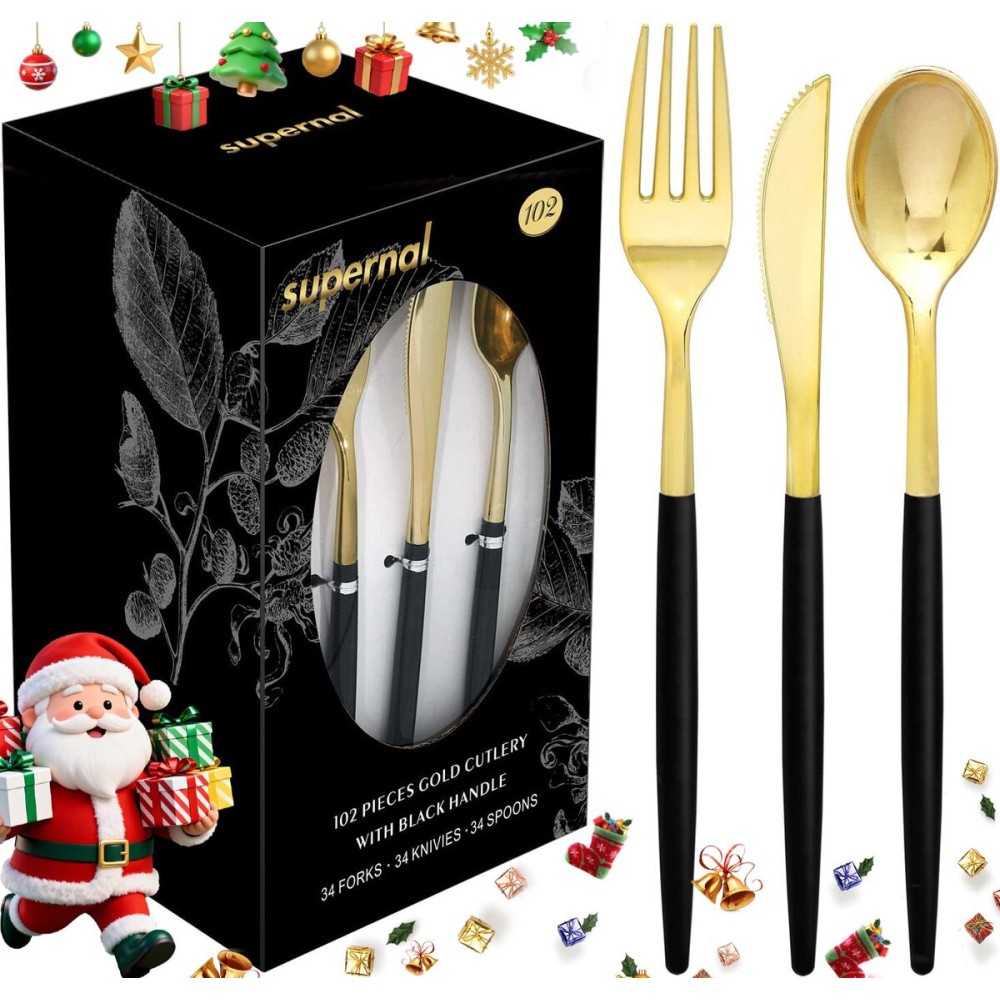 Supernal 102pcs Gold Plastic Silverware, Golden Cutlery with Black Handle, Disposable Flatware Collection, Includes 34 Plastic Forks and Spoons and Knives Ideal for Weddings, Parties, and Birthdays