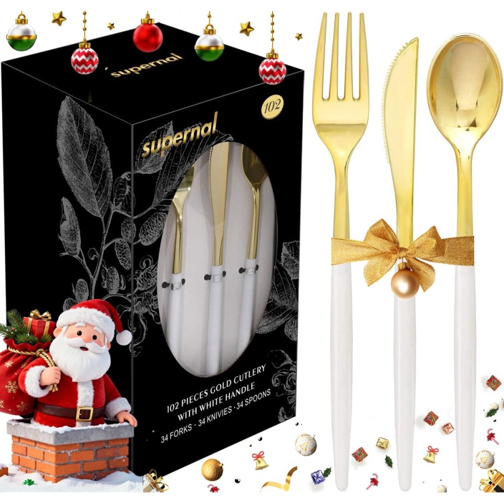 Supernal 102pcs Gold Plastic Cutlery, Durable Plastic silverware,Disposable Cutlerty with White Handle,Include 34 Forks,34 Knvies,34 Spoons, Suit for Wedding,Birthday,Party