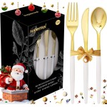 Supernal 102pcs Gold Plastic Cutlery, Durable Plastic silverware,Disposable Cutlerty with White Handle,Include 34 Forks,34 Knvies,34 Spoons, Suit for Wedding,Birthday,Party