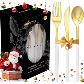 Supernal 102pcs Gold Plastic Cutlery, Durable Plastic silverware,Disposable Cutlerty with White Handle,Include 34 Forks,34 Knvies,34 Spoons, Suit for Wedding,Birthday,Party