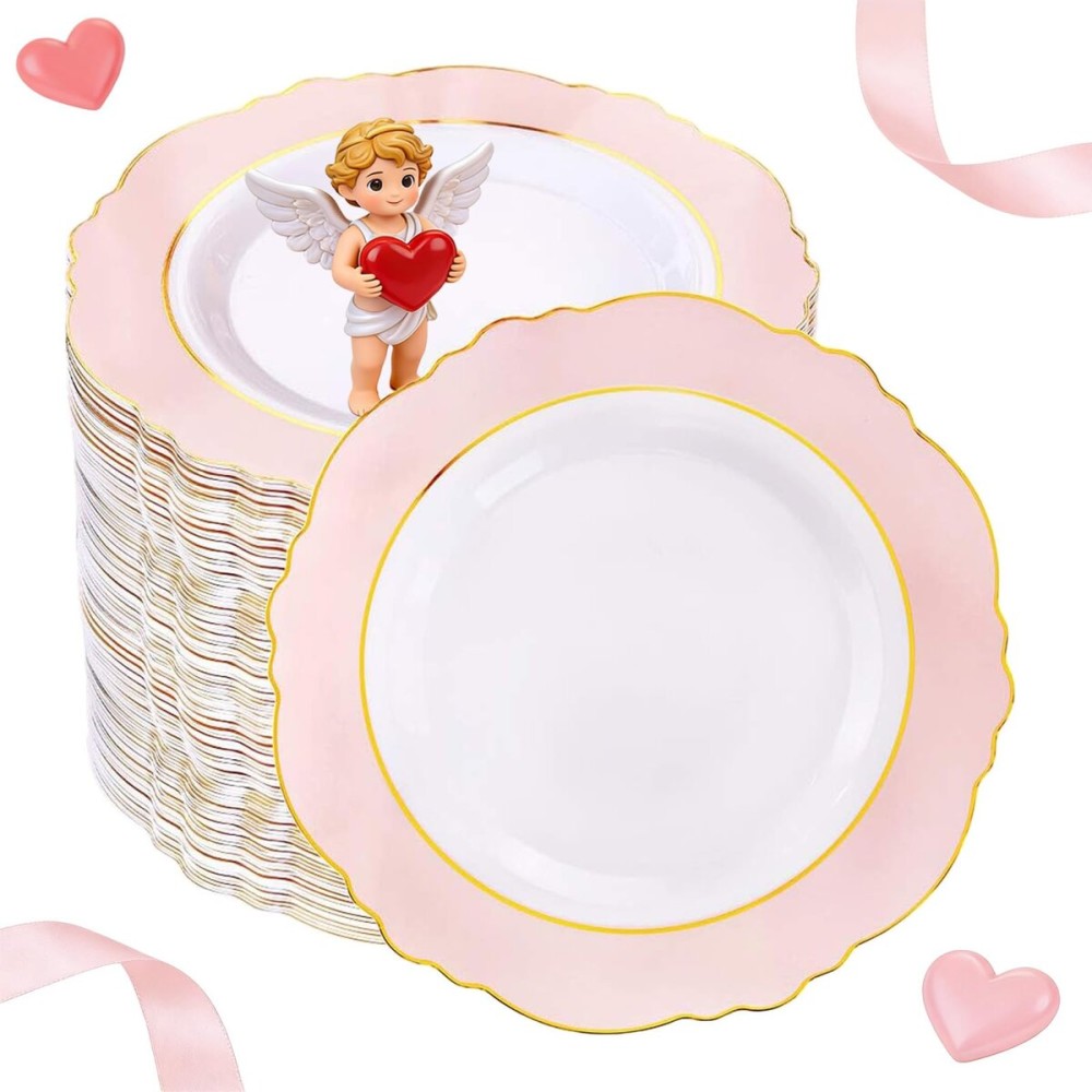 WDF 60pcs Pink Dessert Plates - 7.5inch Baroque Pink &White Disposable Dessert/Appetizer Small Cute Cake Plates for Upscale Parties &Wedding-Special for Bridal Shower, Brithday, Valentine\'s Day