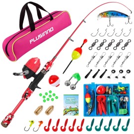PLUSINNO Kids Fishing Pole with Spincast Reel Telescopic Fishing Rod Combo Full Kits for Boys, Girls, and Adults (Red, 150cm 59.05In)