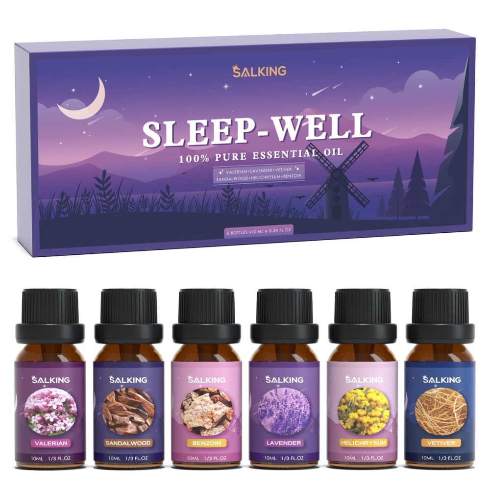 SALKING Sleep Essential Oils Set, Pure and Natural EssentialOils, Fragrance Oil Scented Oils for Oil Diffusers 6 x 10 ML - Lavender, Vetiver, Sandalwood, Valerian, Helichrysum, Benzoin