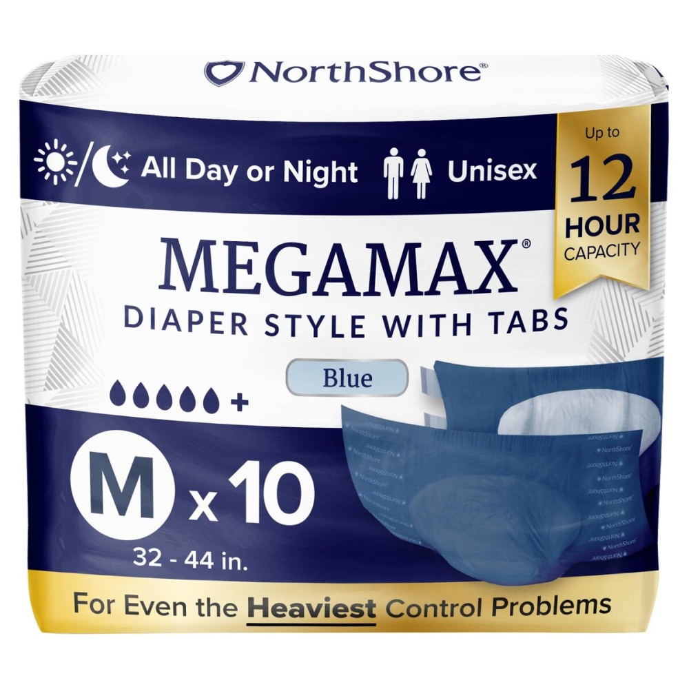 NorthShore MegaMax Adult Overnight Diapers, 12-Hour Tab-Style, Medium, 10 Count Bag, Blue, 32-44 inches, Unisex Incontinence Underwear