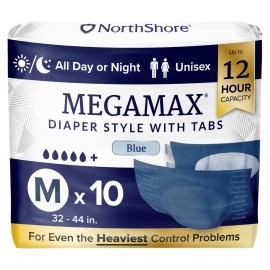 NorthShore MegaMax Adult Overnight Diapers, 12-Hour Tab-Style, Medium, 10 Count Bag, Blue, 32-44 inches, Unisex Incontinence Underwear