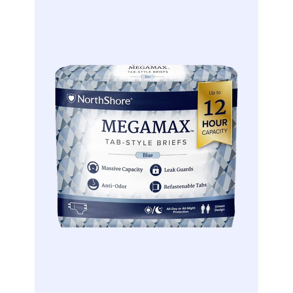 NorthShore MegaMax Adult Overnight Diapers, 12-Hour Tab-Style, Large, 10 Count Bag, Blue, 42-54 inches, Unisex Incontinence Underwear