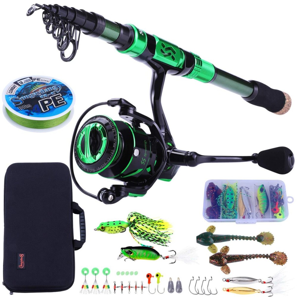 Sougayilang Fishing Rod and Reel Combos - Carbon Fiber Telescopic Fishing Pole - Spinning Reel 12 +1 BB with Carrying Case for Saltwater and Freshwater Fishing Gear Kit(Green 6.89ft -3000)