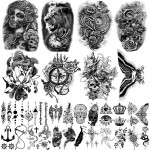 Yazhiji 32 Sheets Temporary Tattoos Stickers, 8 Sheets Fake Body Arm Chest Shoulder Tattoos for Men Women with 24 Sheets Tiny Black Temporary Tattoos