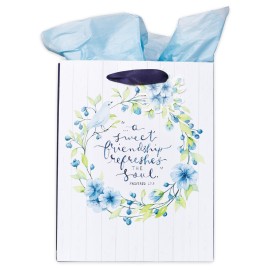 Christian Art Gifts Gift Bag/Tissue Paper Set A Sweet Friend Proverbs 27:9 Bible Verse, Blue Floral, Medium