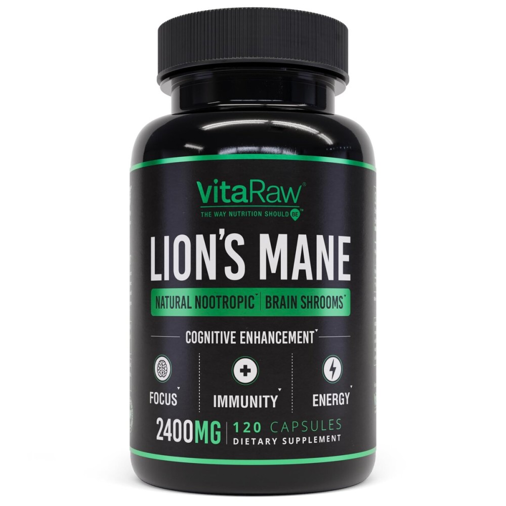 VitaRaw Organic Lions Mane Supplement Capsules 2400 mg - Powerful Nootropic - Helps Maintain Memory, Energy, and Mental Clarity - Vegan Brain Booster Focus Pills - Real Lion\'s Mane Supplement