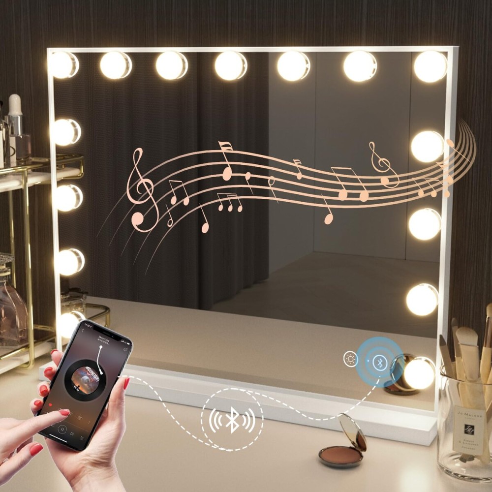 Hansong Vanity Mirror with Lights and Bluetooth Speaker 22.8\'\'x18.4\'\' Lighted Makeup Mirror with 15 LED Bulbs Hollywood Vanity Mirror with 3 Lighting Modes USB Charging and 10x Magnification