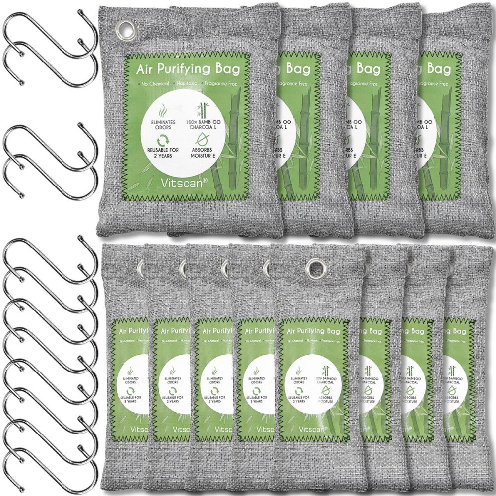 12 Pack Bamboo Charcoal Air Purifying Bag, Activated Charcoal Bags Odor Absorber, Moisture Absorber, Natural Car Air Freshener, Shoe Deodorizer, Odor Eliminators For Home, Pet, Closet (8x50g, 4x200g)
