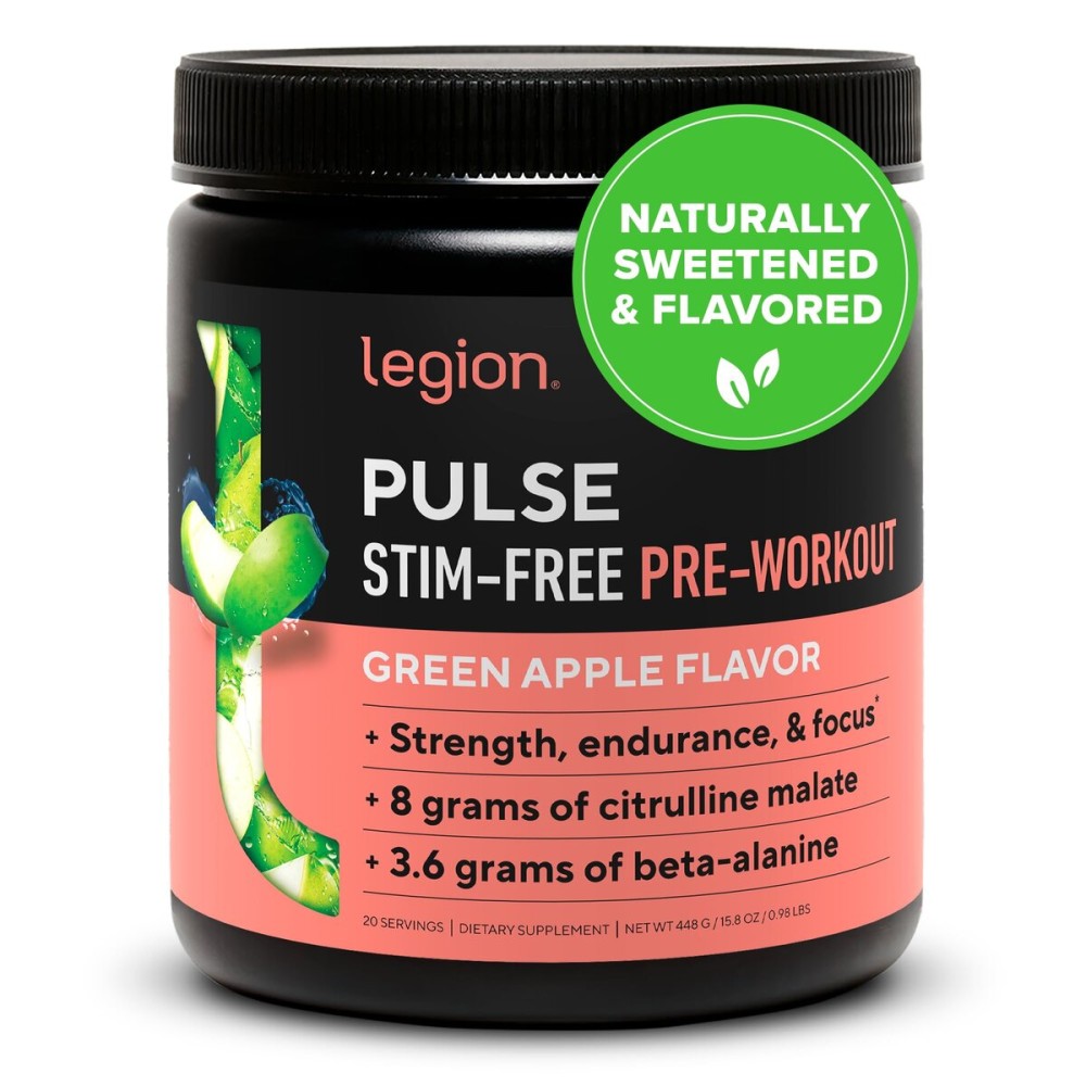 LEGION Pulse Pre Workout Supplement - All Natural Nitric Oxide Preworkout Drink to Boost Energy, Creatine Free, Naturally Sweetened, Beta Alanine, Citrulline, Alpha GPC (Caffeine Free Green Apple)