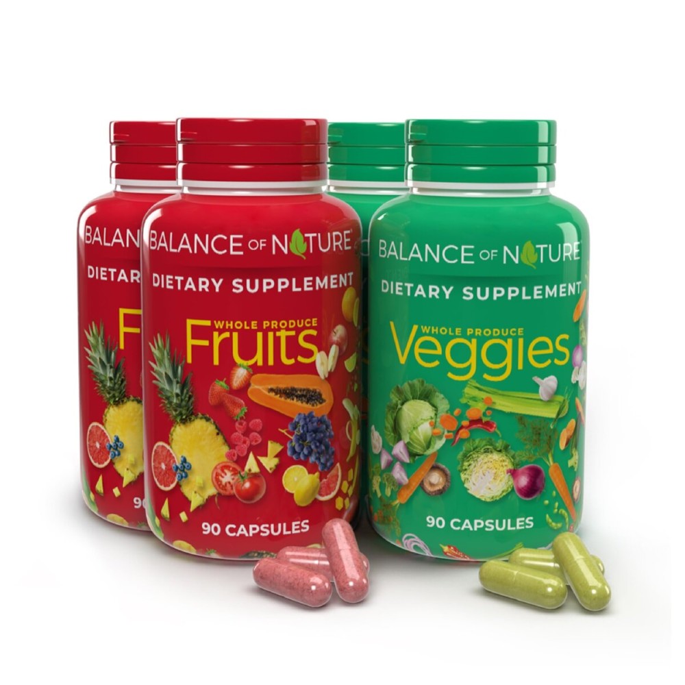 Balance of Nature Fruits & Veggies Supplements - Whole Fruit and Vegetable Ingredients for Women, Men, and Kids - 90 Fruits Capsules, 90 Veggies Capsules - 2 Sets