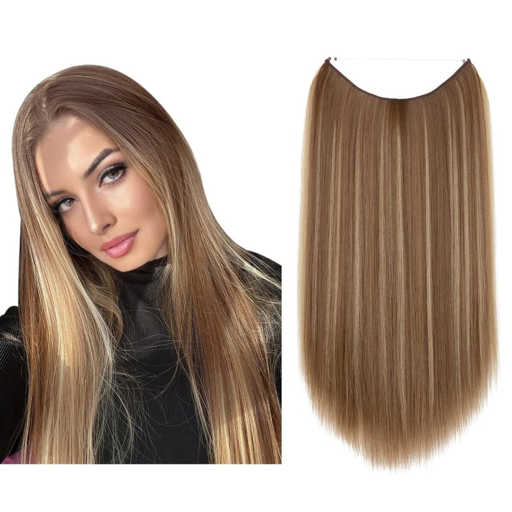 SARLA Highlight Invisible Wire Hair Extension Straight Long Synthetic Hairpieces 18 Inch for Women No Clip Ash Medium Brown/Ash Blonde