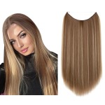 SARLA Highlight Invisible Wire Hair Extension Straight Long Synthetic Hairpieces 18 Inch for Women No Clip Ash Medium Brown/Ash Blonde