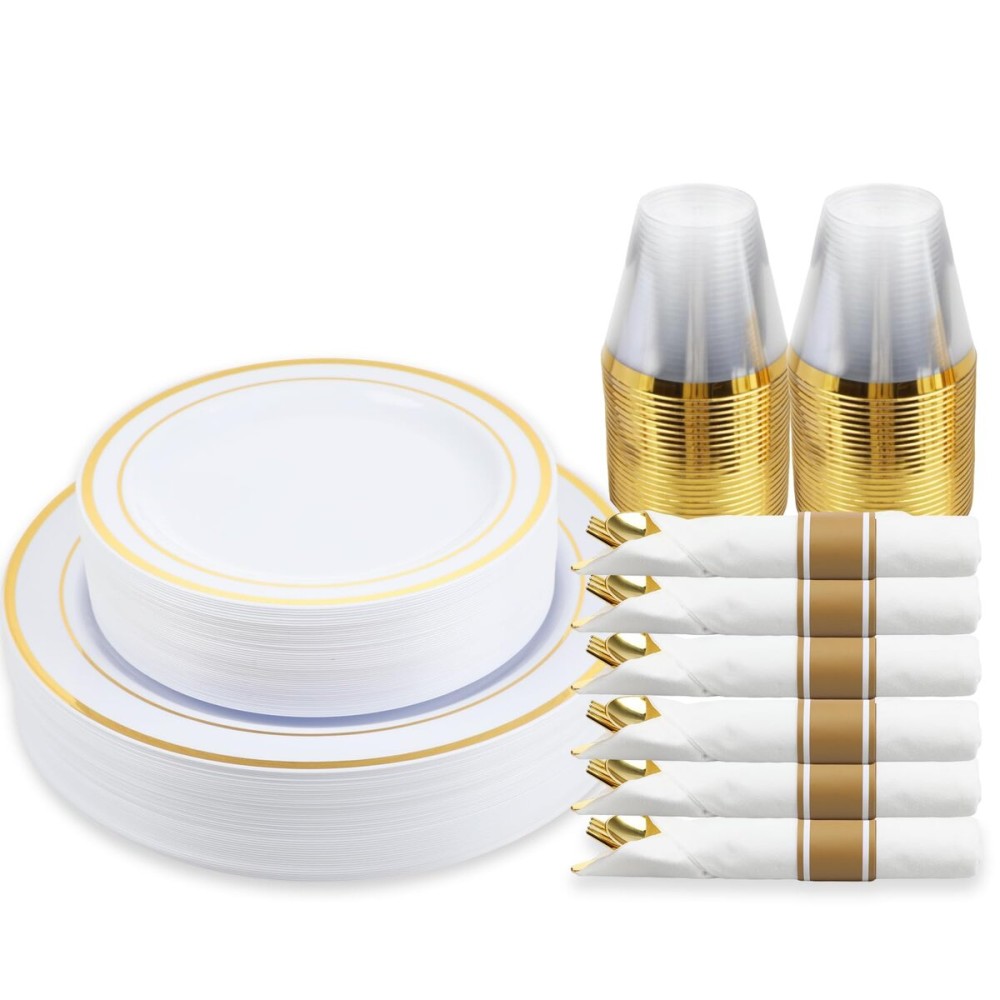 M MCIRCO 175 Piece Gold Dinnerware Set - 50 Plastic Plates, 25 Cups, 25 Pre Rolled Napkins with Plastic Silverware, Disposable Gold Dinnerware Set for 25 Guest