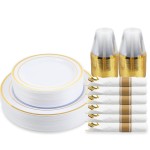 M MCIRCO 175 Piece Gold Dinnerware Set - 50 Plastic Plates, 25 Cups, 25 Pre Rolled Napkins with Plastic Silverware, Disposable Gold Dinnerware Set for 25 Guest