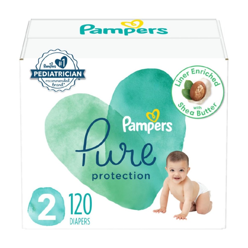 Pampers Baby Diapers - Pure Protection - Size 2, 120 Count, for up to 100% Leakproof, Premium Plant-based Skin Protection