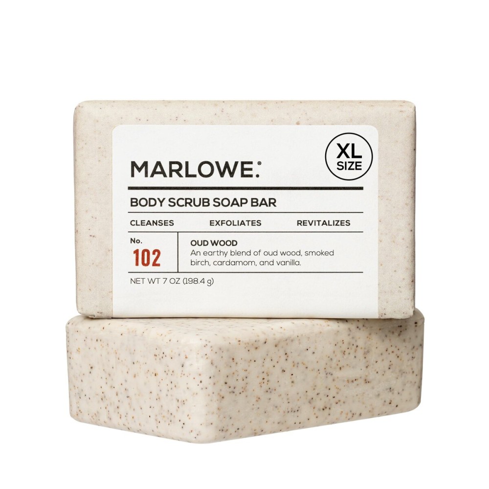 MARLOWE. No. 102 Body Scrub Soap 7 oz, Oud Wood, Exfoliating Soap Bar with Shea Butter, Olive Oil & Green Tea Extracts, Cleanses, Smooths & Revitalizes Skin, Earthy & Smoky Scent