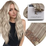 RUNATURE Clip in Hair Extensions, Thick Human Hair Clip in Extensions 120g, Blonde Remy Hair Tangle Free, Natural Looking For Daily Wearing, 14 Inch 7pcs 19P60 Dirty Blonde Highlights