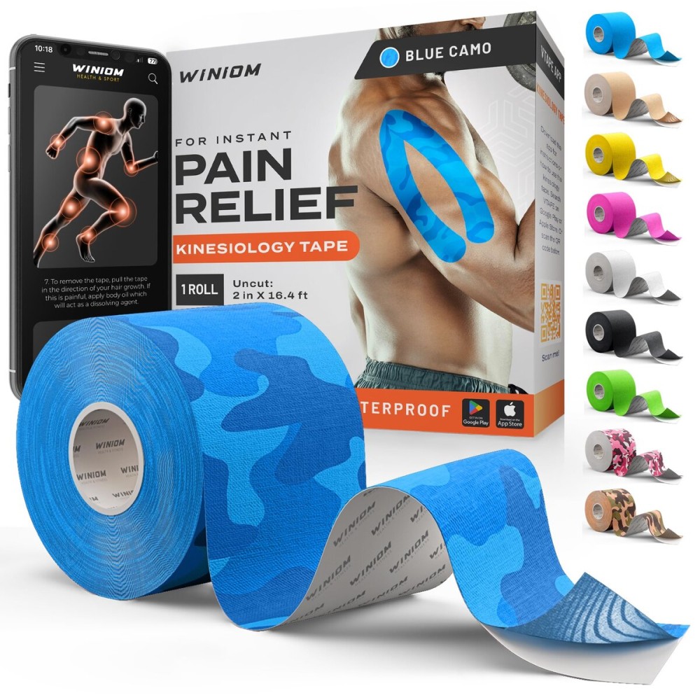 Kinesiology Tape-Incredible Support for Athletic Sports and Recovery+Free Taping Guide-Uncut 2 inch 16.4 feet Roll (Blue Camo + Free Taping Guide, Pack of 1)