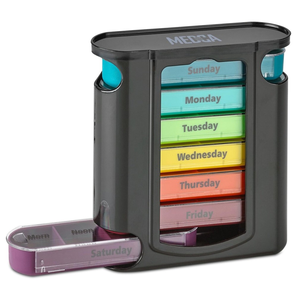 Weekly Pill Organizer, 1 Dispenser, 7 Stackable Compartments Four Times-a-Day - Morning, Noon, Evening, and Bedtime, Black