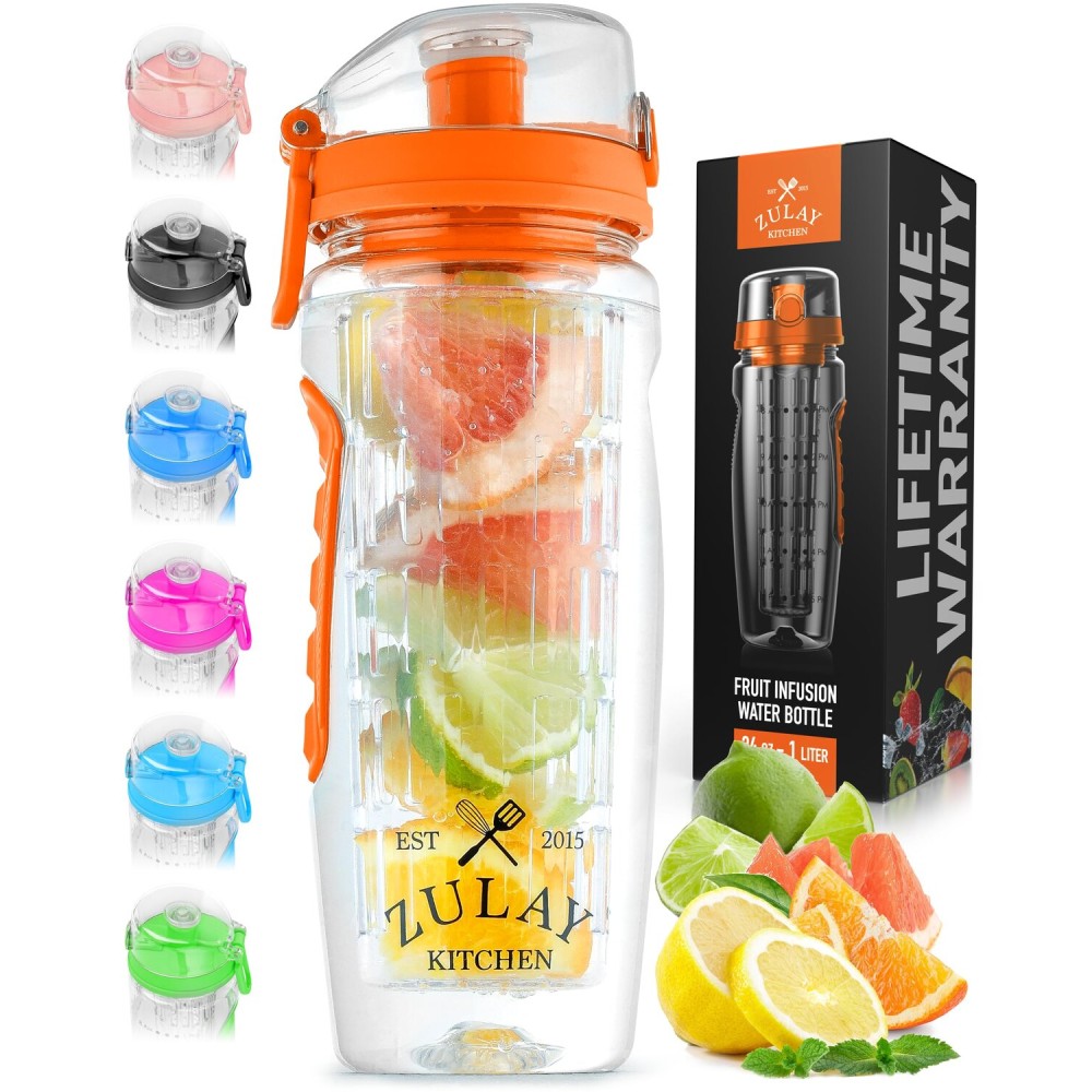 Zulay Kitchen 34 oz Large, Leakproof Fruit Infuser Water Bottle with Anti-Slip Grip - Men and Women\'s Ideal Fitness Gift Or For Gym, Camping, and Travel - Sunrise Orange