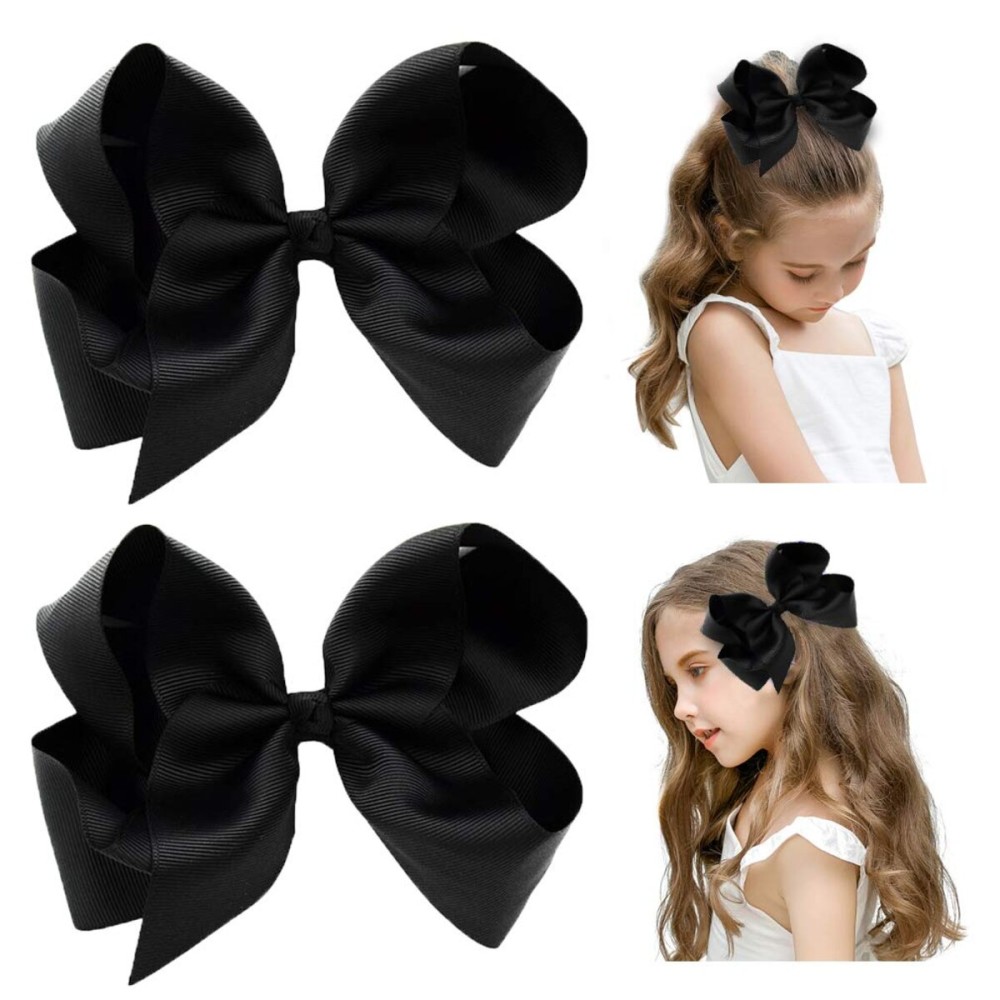 DEEKA 2 PCS 6 Big Hand-made Grosgrain Ribbon Solid Color Hair Bows Alligator Clips Hair Accessories for Little Teen Toddler Girls Kids Set of 2 -Black
