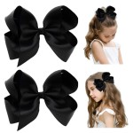 DEEKA 2 PCS 6 Big Hand-made Grosgrain Ribbon Solid Color Hair Bows Alligator Clips Hair Accessories for Little Teen Toddler Girls Kids Set of 2 -Black