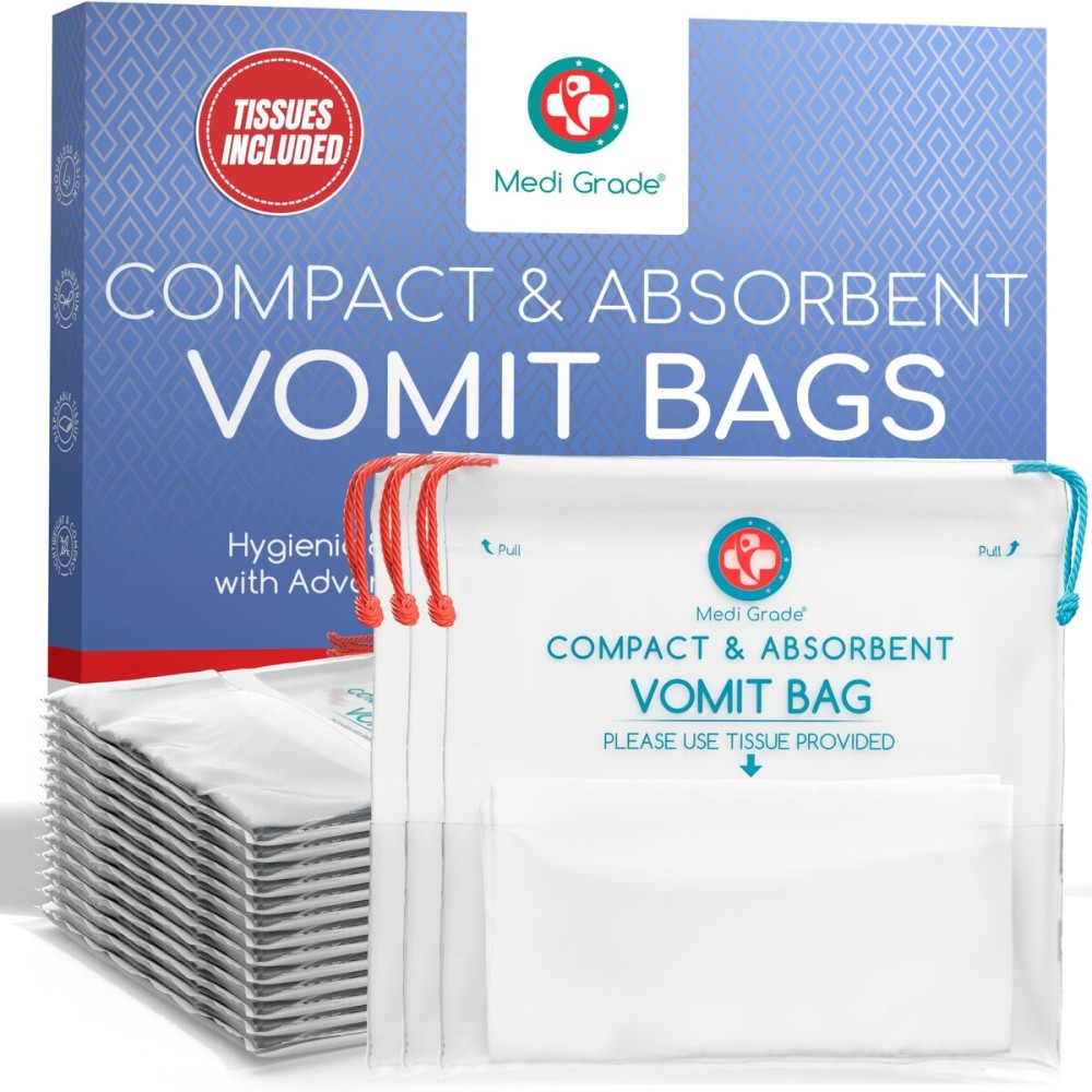 Medi Grade Absorbent Vomit Bags Disposable for Adults and Kids, 22pcs - Travel Essentials Leakproof Barf Bags with Tissues Turn Vomit to Gel and Prevent Odor - Purse Essential Travel Size Sick Bags