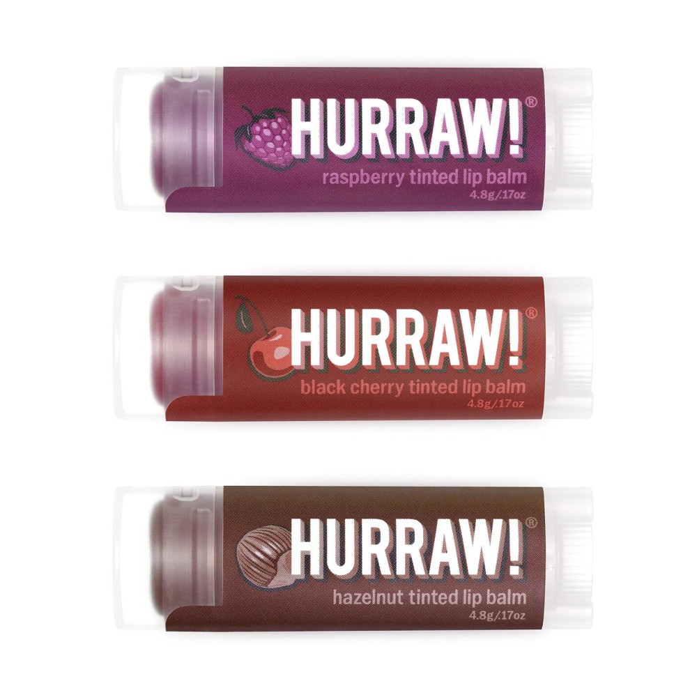 Hurraw! Raspberry Tinted, Black Cherry Tinted, Hazelnut Tinted Lip Balms, 3 Pack Bundle: Organic, Vegan, Cruelty & Gluten Free. Non-GMO, 100% Natural. Bee, Shea, Soy & Palm Free. Made in USA
