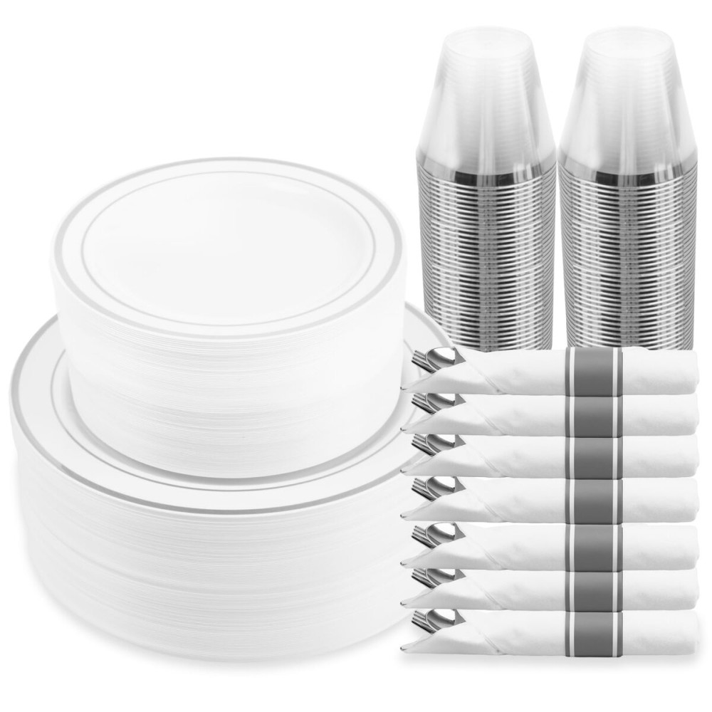 M MCIRCO 350 Piece Dinnerware Set,100 Silver Rim Plastic Plates, 50 Cups,50 Pre Rolled Napkins with Plastic Silverware, Disposable Dinnerware Set for 50 Guest, Silver