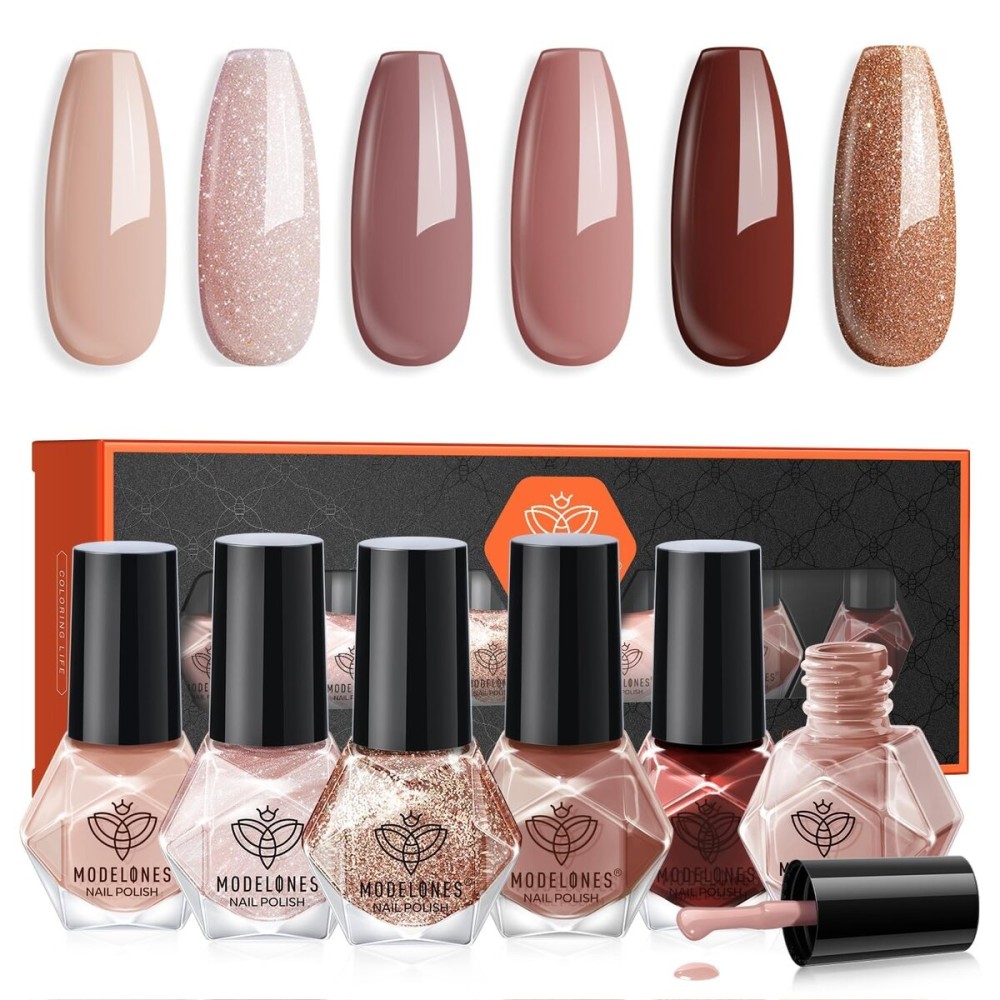 modelones Nail Polish, 6 Colors Brwon Quick Dry Mini Starter Kit, Long Lasting Art DIY Manicure Set at Home for Women Girls