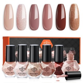 modelones Nail Polish, 6 Colors Brwon Quick Dry Mini Starter Kit, Long Lasting Art DIY Manicure Set at Home for Women Girls