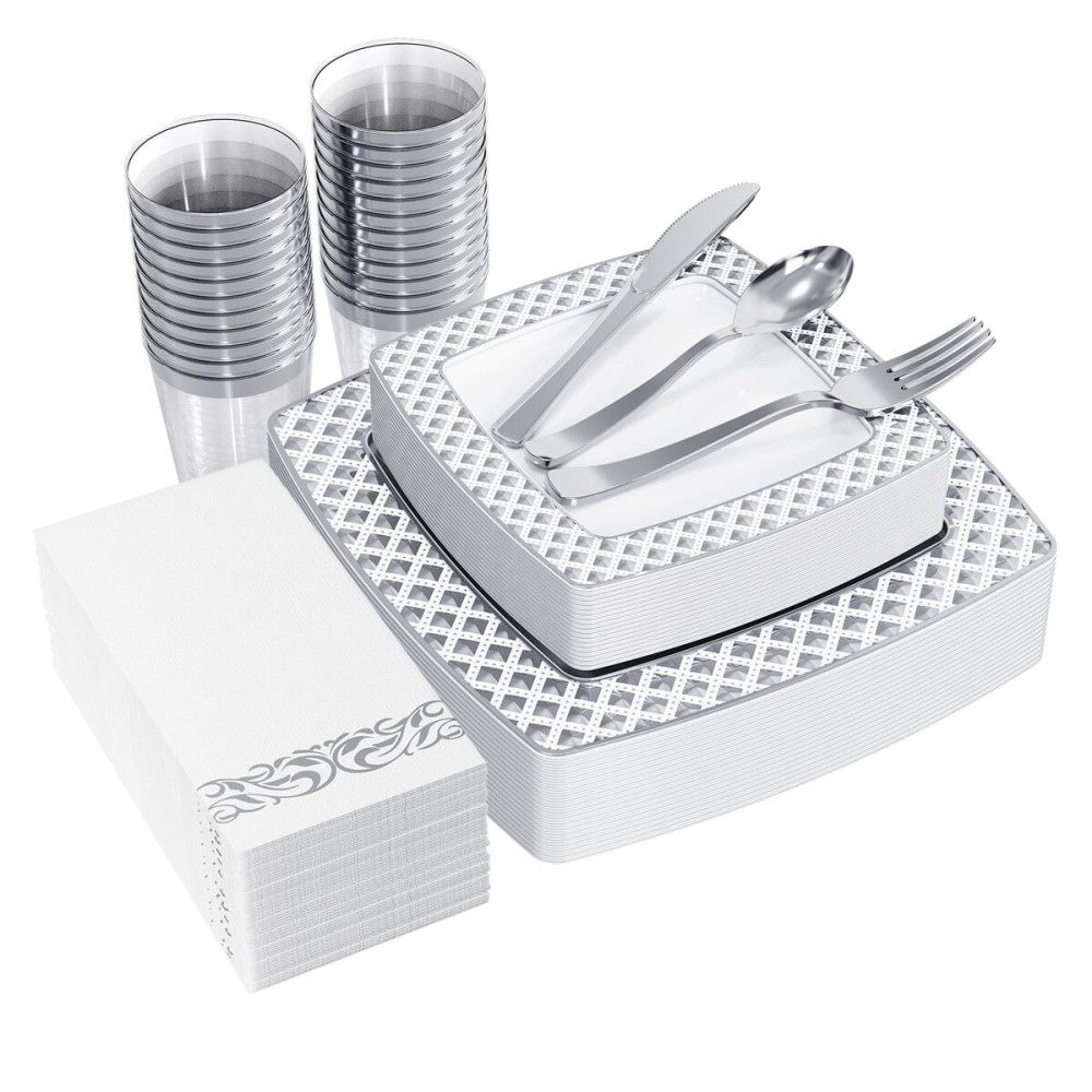 FOCUSLINE 175 Count Silver Dinnerware Set for 25 Guests, Disposable Square Plastic Plates with Diamond Rim, Includes 25 Dinner & Dessert Plates, Napkins, Cups, Cutlery Set for Wedding Parties