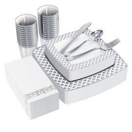 FOCUSLINE 175 Count Silver Dinnerware Set for 25 Guests, Disposable Square Plastic Plates with Diamond Rim, Includes 25 Dinner & Dessert Plates, Napkins, Cups, Cutlery Set for Wedding Parties