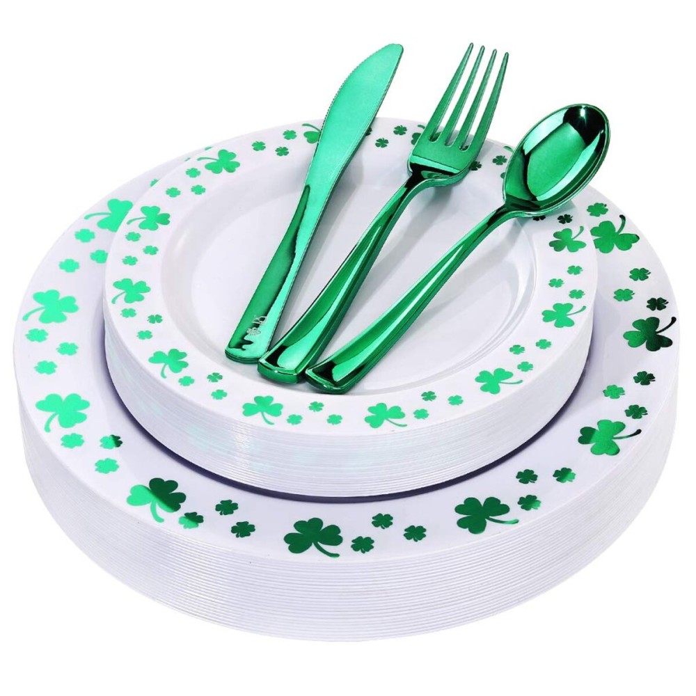 WDF 125pcs St. Patricks Day Plastic Plates with Shamrock Clover & Disposable Silverware - Premium White and Green Plastic Dinnerware for Wedding &Parties, Special for St. Patricks Day