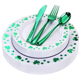 WDF 125pcs St. Patricks Day Plastic Plates with Shamrock Clover & Disposable Silverware - Premium White and Green Plastic Dinnerware for Wedding &Parties, Special for St. Patricks Day