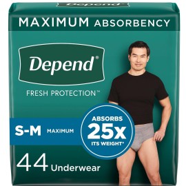 Depend Fresh Protection Adult Incontinence Underwear for Men, Disposable, Maximum, Small/Medium, Grey, 44 Count, Packaging May Vary