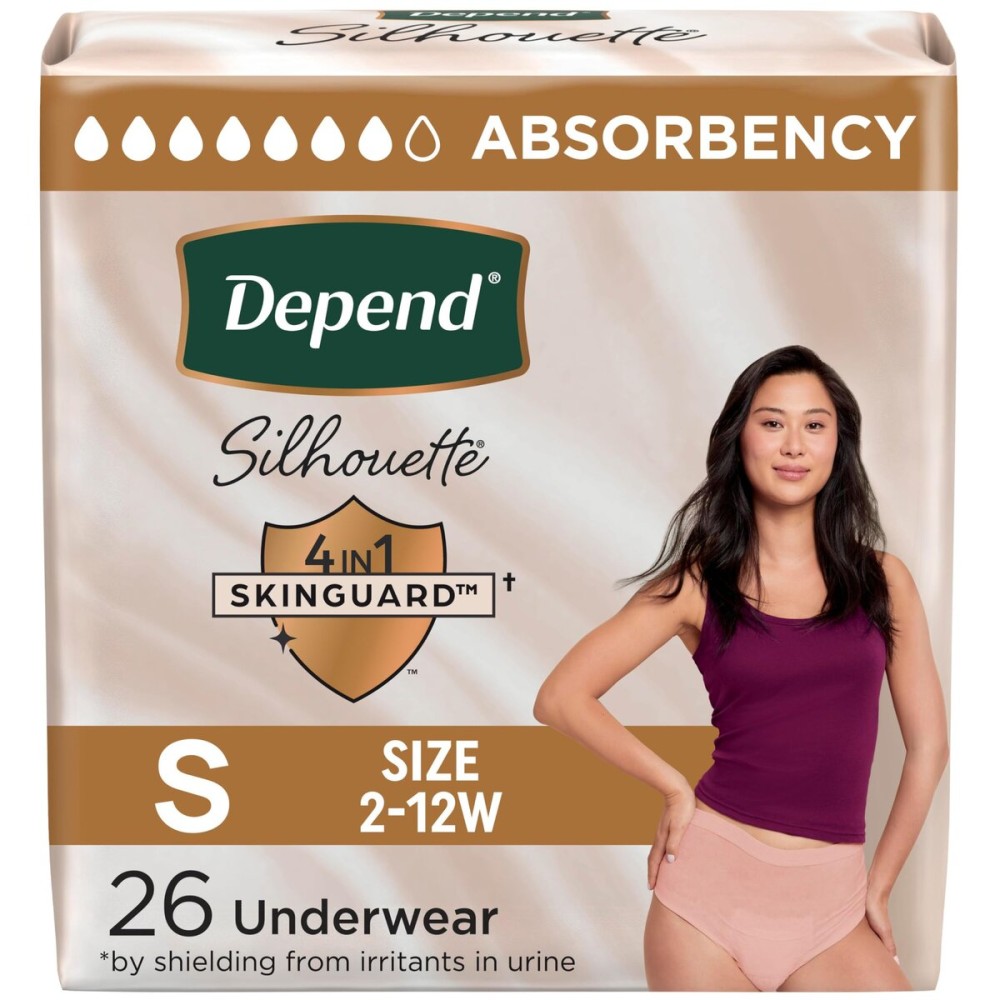 Depend Silhouette Adult Diapers, Incontinence & Postpartum Bladder Leak Underwear for Women, Maximum Absorbency, Small, Pink, 26 Count, Packaging May Vary